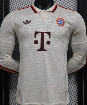 The Bayern Munich Third Long Sleeve Player Version Jersey for the 2024-2025 season typically features the club's distinctive colors and design elements, tailored for player comfort and performance. The jersey is made from high-quality moisture-wicking fabric, ensuring breathability and a comfortable fit during play. ### Key Features: - **Design**: The jersey usually incorporates the club’s traditional color scheme, along with unique graphics and patterns specific to the third kit. - **Fit**: Player version jerseys are designed with a tighter fit, mirroring the style worn by the professionals on the field. - **Materials**: High-performance fabrics that provide durability, stretch, and moisture management. - **Badges and Logos**: Includes the official Bayern Munich crest, the Adidas logo, and any sponsor logos, all appropriately embroidered or printed. - **Sleeves**: Long sleeves provide additional coverage and warmth, making it suitable for various weather conditions. - **Customization**: Many retailers offer options for customization, where fans can add a player’s name and number. If you're looking to purchase or learn more, make sure to check official Bayern Munich stores or authorized retailers for authenticity and the latest designs.